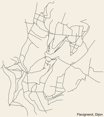 Detailed hand-drawn navigational urban street roads map of the FLAVIGNEROT QUARTER of the French city of DIJON, France with vivid road lines and name tag on solid background