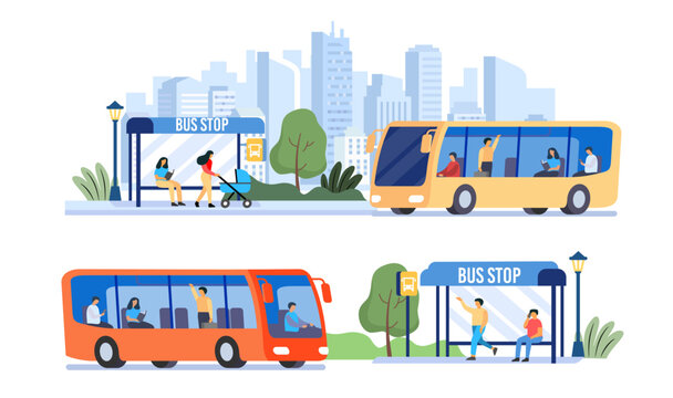 Passengers waiting for public bus in city. Flat illustration. Cartoon Transportation