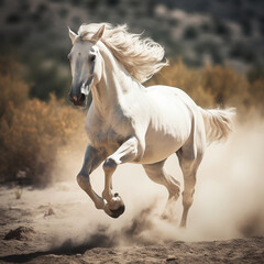 A white horse is running on the sand. Dust scattered.