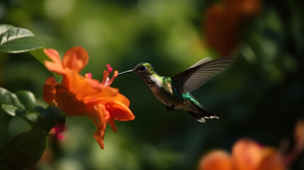 Hummingbird flying and aiming on a flower nectar