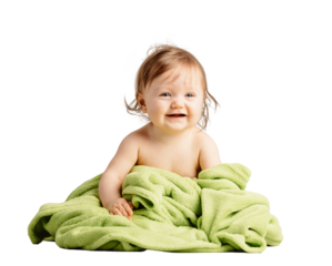 Cute happy baby smiling in cozy blanket. Isolated on transparent white background
