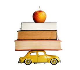 Books with apple on toy car roof, back to school. Isolated on transparent white background