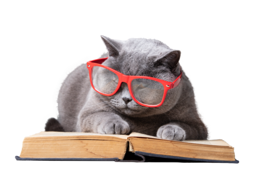 Intelligent cat reading a book, isolated on transparent white background. British shorthair