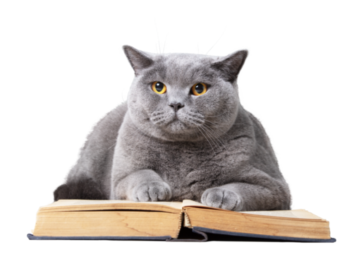 Intelligent cat reading a book, isolated on transparent white background. British shorthair - Powered by Adobe