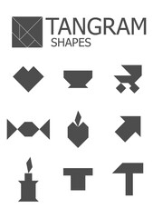 Tangram children brain game cutting transformation puzzle vector set. Set of vector tangram puzzles (geometric puzzle) for the development of logical thinking of children and adults. 