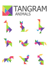 Educational logica kids game. Tangram. Puzzle. Printable worksheet for kids brain teaser book. Development of children spatial thinking skills. Vector illustration.