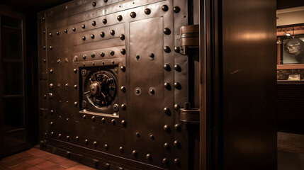Door of big vintage safe in retail store bank vault security valuable storage - obrazy, fototapety, plakaty