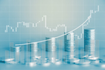 Stack of money coin with trading graph and up curve arrow. Business and finance background with blue filter.