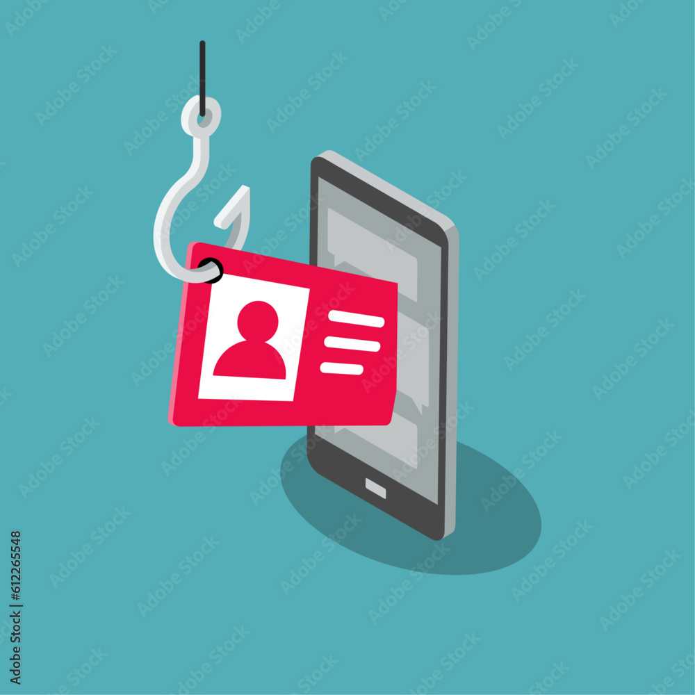 Poster identity fraud symbol with a fishing hook stealing someone personal information from his smartphone.