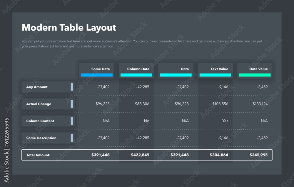 Poster Modern table layout template with a total amount row - dark version. Simple flat template for project data visualization.
