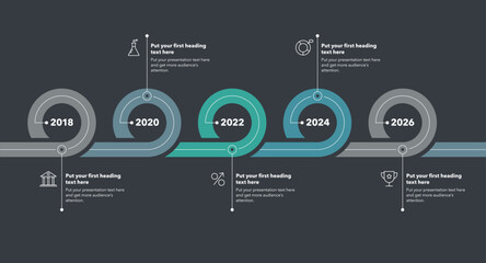 Timeline infographic template with five stages - dark version. Can be used for your website or presentation.