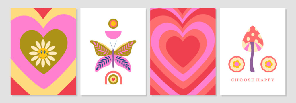 Set of 70s retro psychedelic posters. Hypnotic hearts tunnels, groovy flowers, mushrooms, lettering. Butterfly, smiling face. Poster, flyer, card, banner design template. Background. Nostalgia.