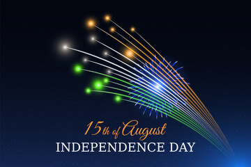15th of august, india independence day, Indian colorful fireworks flag on blue night sky background. India national holiday august 15. Independence day greeting card. Vector illustration, template
