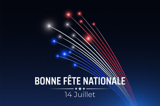 Banner 14 july bastille day in france, template with french colorful fireworks on dark sky background. French national holiday. Fireworks france flag. Vector. Translation: Happy National Day July 14
