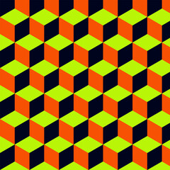 Geometric 3d yellow blue orange cubes pattern - seamless isometric colorful background print of cubes. Geometric colorful pattern vector