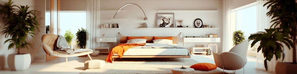illustration, modern bedroom with beautiful furniture, website header, ai generative