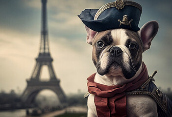 Portrait of a french bulldog in front of the eiffel tower in paris. AI genarated