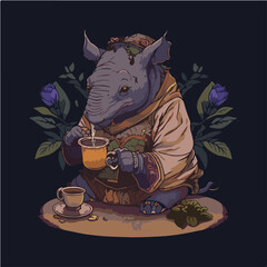 grumpy Rhinoceros drinking Artichoke tea, Rhinoceros character, artistic, print design, for t-shirt and case
