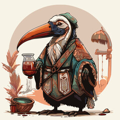 grumpy Pelican drinking Rice wine with herbs, Pelican character, artistic, print design, for t-shirt and case
