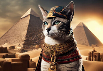 Portrait of a cat in front of the famous Egyptian pyramids in Giza. AI genarated - obrazy, fototapety, plakaty