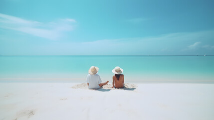 Happy couple relax on a tropical sand beach. Summer vacation, holidays concept
