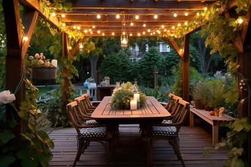 Fototapeta premium A beautifully set dining table outdoors under a pergola, adorned with fairy lights, for a summer garden party, signifying outdoor entertainment and stylish home decor