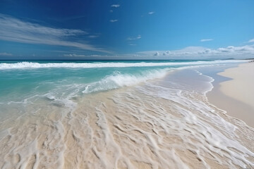 Fototapeta na wymiar Beautiful blue sea ocean with shallow waves and sand beach. Generative AI illustration
