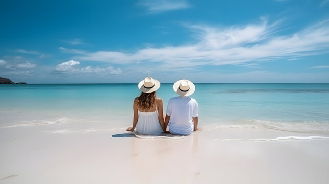 Happy couple relax on a tropical sand beach. Summer vacation, holidays concept