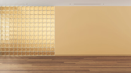 Empty room interior design, open space with parquet floor, yellow glass brick wall, mockup with copy space, modern contemporary architecture concept idea