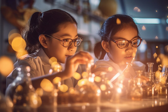 Asian girls passionately discussing science experiments in a classroom, girls, education, Asian, bokeh Generative AI