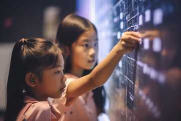 Close-up of Asian girls solving math problems on a whiteboard, girls, education, Asian, bokeh Generative AI