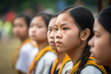 Asian girls participating in a sports program at their school, girls, education, Asian, bokeh Generative AI