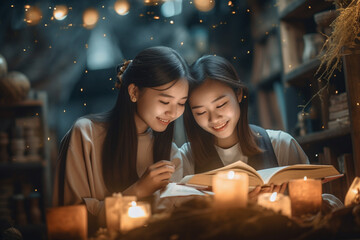 Obraz na płótnie Canvas Asian girls discussing literature in a book club, girls, education, Asian, bokeh Generative AI