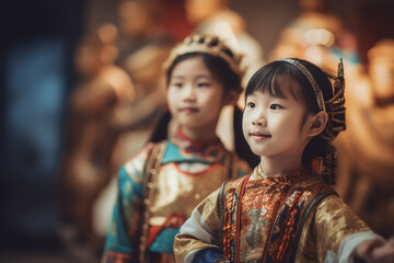 Naklejka premium Asian girls exploring cultural heritage in a museum, girls, education, Asian, bokeh Generative AI