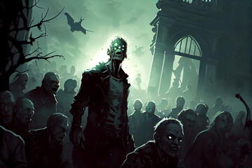 Crowd of zombies in the cemetery. AI generated