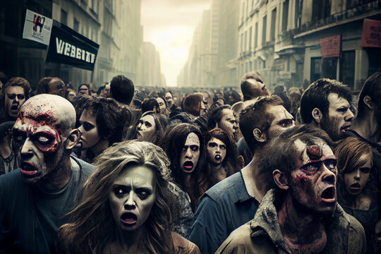 Crowd of zombies on the city street. AI generated