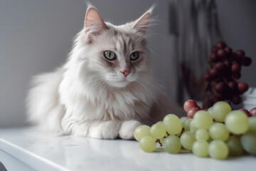 Domestic cat looking at grapes on kitchen counter. Generative AI illustration