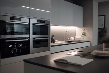 Modern kitchen interior evening. Generate Ai