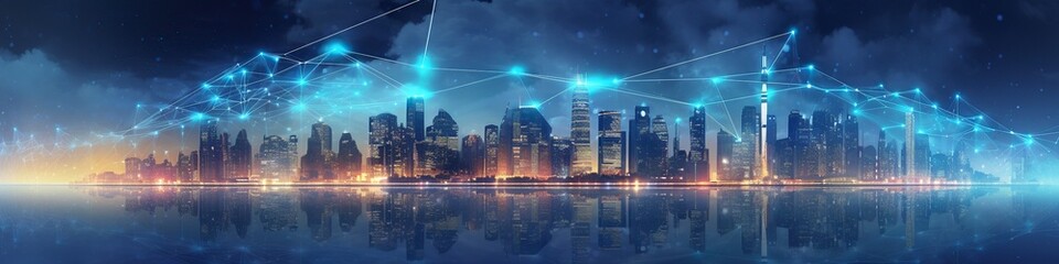 illustration, background landscape with tall business towers, website header, ai generative