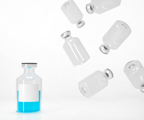 Drug vaccine. Medical jar, cosmetc container, serum with blue liquid isolated on white background. Empty space for ad text. 3d render illustration. 