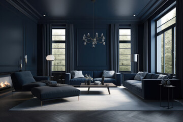 Naklejka na ściany i meble Minimalist Living room. Dark blue color palette. Centered perspective. Interior Design, generative AI