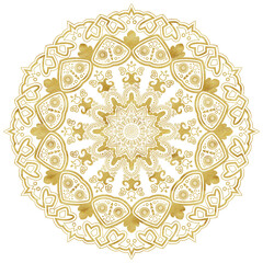 Hand-drawn watercolor mandala with golden texture. Can be used for printing, textile, web of other design. Beautiful lace element. Two options - on white and transparent background.