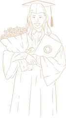 Naklejka premium Hand Drawn Woman Wearing Graduation Toga Gown Suit Clothing Outfit Line Art Illustration