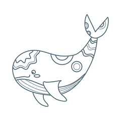 Whale, sea animal. An inhabitant of the sea world, a cute underwater creature. Line art.