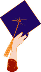 Hand Drawn Lined Hand Holding Graduation Cap Vector Illustration