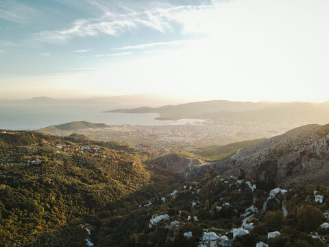 Drone aerial panoramic photo of Volos from Pilion Greece afternoon