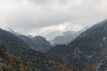 Naklejka premium Landscape photo at Olympus mountain Greece moody weather overcast sky