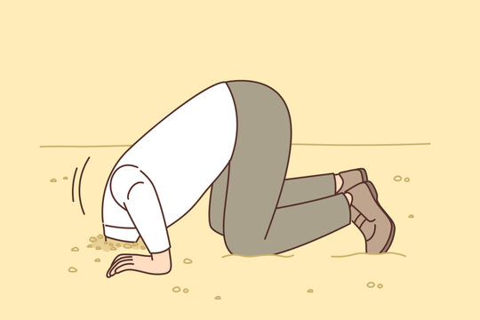 Man hides head in sand like ostrich from proverb, for concept of denial of problems and cowardice