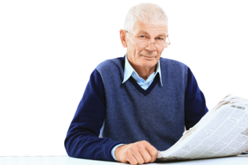 Portrait of an old man solving crosswords in the newspaper on a transparent background