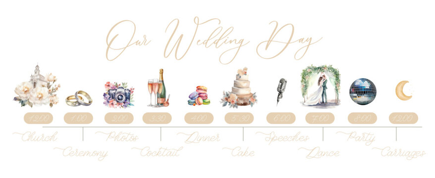 Wedding Timeline menu on wedding day. Our wedding day calligraphy inscription with watercolor illustration.